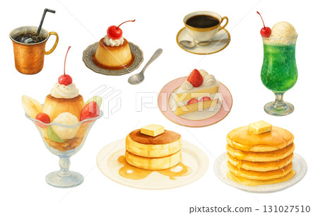純咖啡店甜點和飲料套裝 | 布丁、煎餅、奶油蘇打水和脆餅的水彩插圖 131027510