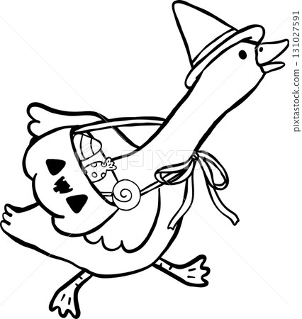 Halloween Silly Goose Witch with Pumpkin Basket Cartoon Hand Drawn Outline doodle Halloween Silly Goose Witch with Pumpkin Basket Cartoon Hand Drawn Outline doodle 131027591