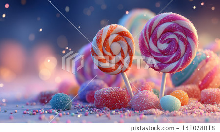 Colorful lollipops and candies with sugar sprinkles create whimsical and sweet atmosphere Colorful lollipops and candies with sugar sprinkles create whimsical and sweet atmosphere 131028018