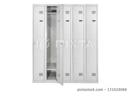 White lockers with silver numbers in bright interior. Change room metal box row 131028066
