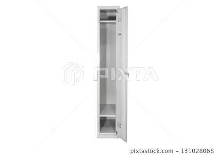 White lockers with silver numbers in bright interior. Change room metal box row 131028068