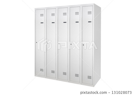 White lockers with silver numbers in bright interior. Change room metal box row White lockers with silver numbers in bright interior. Change room metal box row 131028073