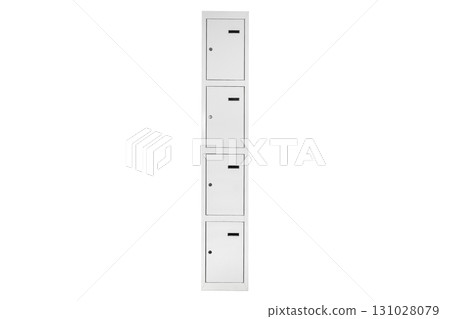 White lockers with silver numbers in bright interior. Change room metal box row 131028079