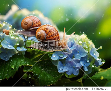 蝸牛、雨季、繡球花 131028279