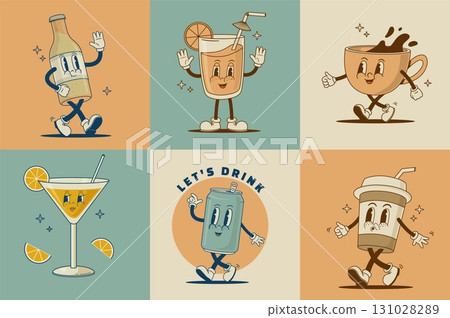 Set of retro cartoon funny characters. Martini coctail, coffee cup, cappuccino, latte, fresh juice, beer, soda can mascot. Vintage drink vector illustration. Nostalgia 60s, 70s, 80s 131028289