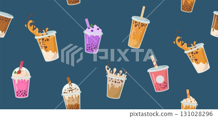 Bubble milk tea seamless pattern. Boba tea with tapioca balls background. Asian cold drink cartoon vector illustration 131028296