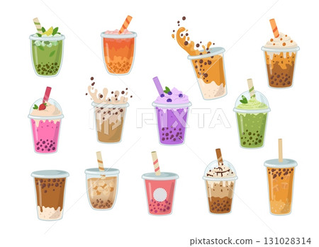 Set of bubble milk tea with tapioca pearls. Asian Taiwanese beverage. Summer yummy cold drinks. Milkshake with splash vector illustration 131028314