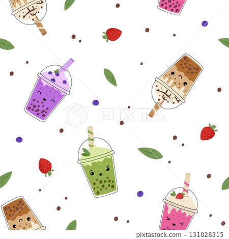 Funny kawaii bubble milk tea seamless pattern. Taiwanese boba tea with tapioca balls. Asian cold drink cartoon vector illustration Funny kawaii bubble milk tea seamless pattern. Taiwanese boba tea with tapioca balls. Asian cold drink cartoon vector illustration 131028315