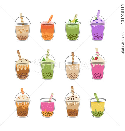Set of Bubble milk tea with tapioca pearls. Asian Taiwanese beverage. Summer yummy cold drinks with fruit and berry, latte, juice, matcha, mojito. Cartoon vector illustration. Set of Bubble milk tea with tapioca pearls. Asian Taiwanese beverage. Summer yummy cold drinks with fruit and berry, latte, juice, matcha, mojito. Cartoon vector illustration. 131028316
