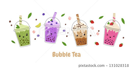 Kawaii bubble milk tea with tapioca pearls set. Asian Taiwanese beverage. Cartoon vector illustration. Kawaii bubble milk tea with tapioca pearls set. Asian Taiwanese beverage. Cartoon vector illustration. 131028318
