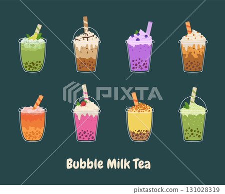Bubble milk tea with tapioca pearls set. Asian Taiwanese drink. Cartoon vector illustration. 131028319