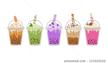 Set of bubble milk tea with tapioca pearls. Asian Taiwanese beverage. Cold matcha drink in takeaway plastic cup. Cartoon vector illustration. 131028320