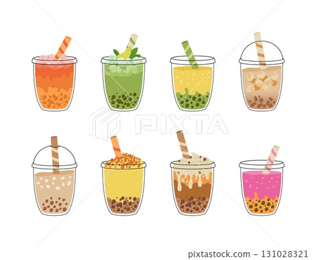 Set of bubble tea with tapioca pearls. Asian Taiwanese drink. Boba milk tea. Cold coffee in takeaway cup. Cartoon vector illustration. 131028321