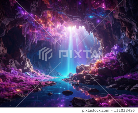 A mysterious purple cavern bathed in rainbow-colored light A mysterious purple cavern bathed in rainbow-colored light 131028456