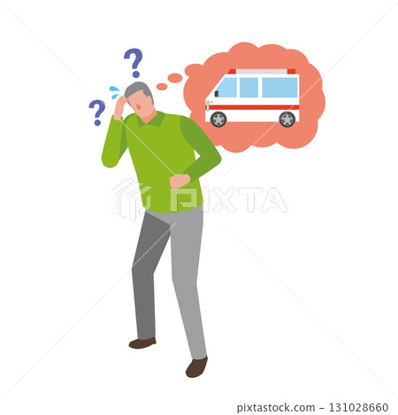 A man wondering whether to call an ambulance A man wondering whether to call an ambulance 131028660