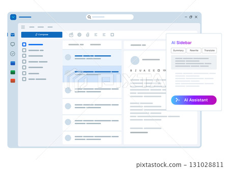 email client with an integrated AI assistant sidebar graphic visualizes the use of artificial intelligence in business communication and productivity offering features like summarization rewriting and 131028811