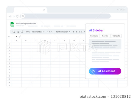 spreadsheet with integrated AI assistant sidebar the use of artificial intelligence in data management and analytics, providing smart tools for summarizing rewriting and translating information 131028812