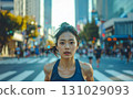 At sunset, women train, sweating in a marathon for beauty and health 131029093