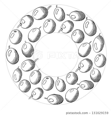 Olive berry circle round frame template. Vector graphic line ink black and white illustration. Italian food. Olives wreath for Mediterranean diet. for invitation, label, advertisement, packaging. Olive berry circle round frame template. Vector graphic line ink black and white illustration. Italian food. Olives wreath for Mediterranean diet. for invitation, label, advertisement, packaging. 131029159