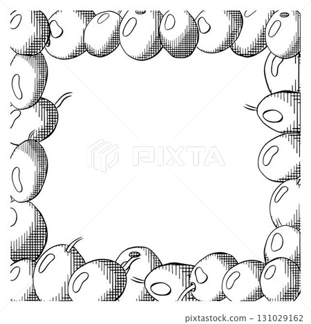 Olive berry square template. Vector graphic line ink black and white illustration. Mediterranean botanical design for package Banner, poster, wrapping paper, sticker, print, modern textile design. Olive berry square template. Vector graphic line ink black and white illustration. Mediterranean botanical design for package Banner, poster, wrapping paper, sticker, print, modern textile design. 131029162