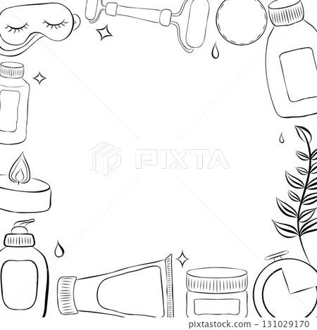 Korean cosmetics. K-beauty monochrome banner with hand draw doodle background. Vector illustration 131029170