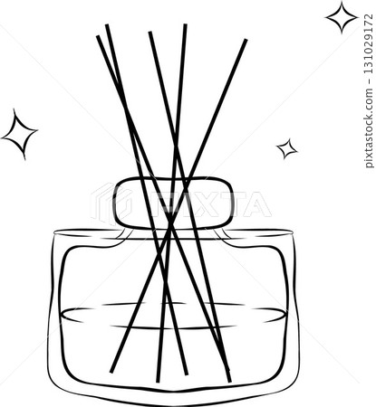 Aroma diffuser with sticks hand drawn doodle. Glass bottle with perfume. Interior design decorations. Vector outline line art illustration. Aroma diffuser with sticks hand drawn doodle. Glass bottle with perfume. Interior design decorations. Vector outline line art illustration. 131029172