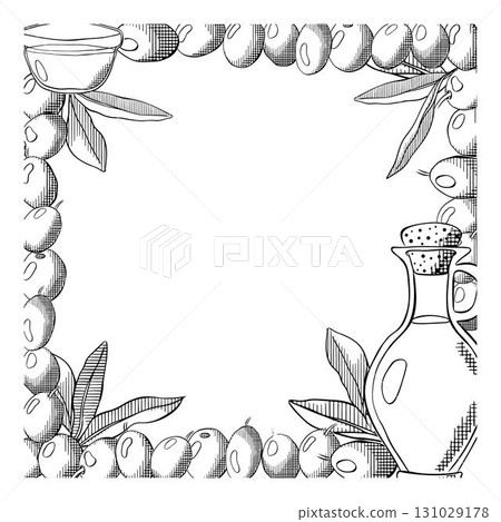 Sketch frame of olive branch with berries and leaves. Olive oil, green berry and leaves square frame template. Vector graphic line ink black and white illustration. for cards, design logo, tattoo Sketch frame of olive branch with berries and leaves. Olive oil, green berry and leaves square frame template. Vector graphic line ink black and white illustration. for cards, design logo, tattoo 131029178