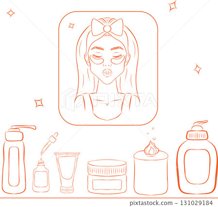 Skin care, beauty products, cosmetics icons set. Hand-drawn vector bottles and tubes. Woman beauty routine doodles. Vector illustration of skin and hair care. Line art cartoon girls portraits Skin care, beauty products, cosmetics icons set. Hand-drawn vector bottles and tubes. Woman beauty routine doodles. Vector illustration of skin and hair care. Line art cartoon girls portraits 131029184