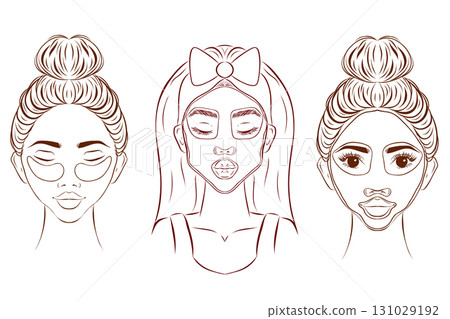 Skincare set. Collection of girl taking care of her face and applying serum, moisturizing cream, lotion and facial mask. Beauty and hygiene concept. Vector illustration. 131029192