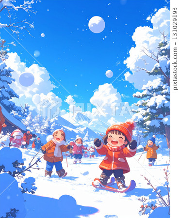 冬天的場景：可愛的微笑孩子們在雪地裡玩耍 131029193