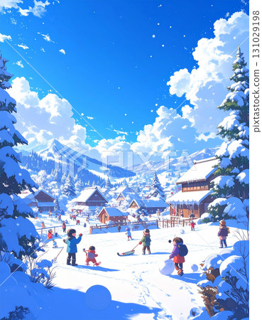 A winter scene of cute smiling children playing in the snow 131029198