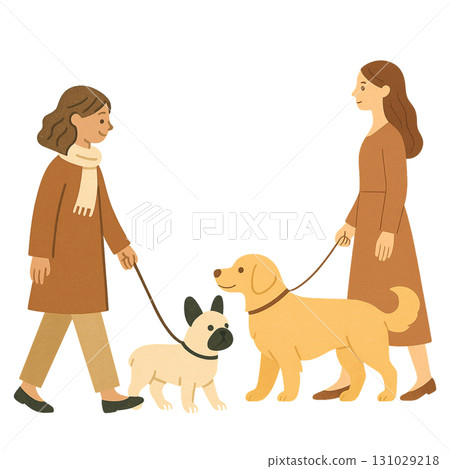 Dog French Bulldog Golden Retriever Woman Walk Lifestyle Illustration 131029218