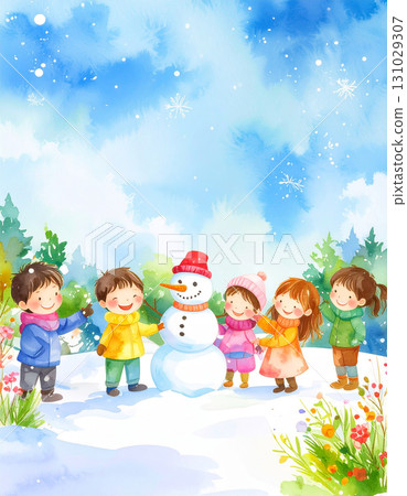 一幅生動的水彩冬季插圖,描繪了可愛的微笑孩子們在雪地裡玩耍 一幅生動的水彩冬季插圖,描繪了可愛的微笑孩子們在雪地裡玩耍 131029307