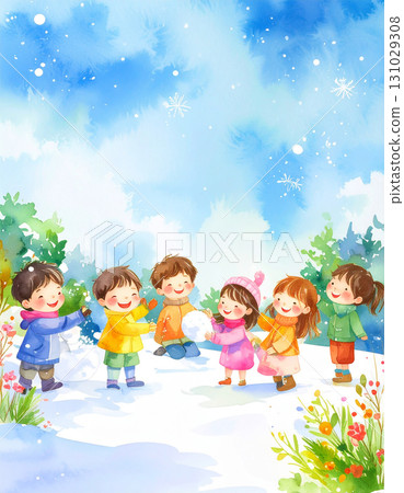 一幅生動的水彩冬季插圖,描繪了可愛的微笑孩子們在雪地裡玩耍 一幅生動的水彩冬季插圖,描繪了可愛的微笑孩子們在雪地裡玩耍 131029308