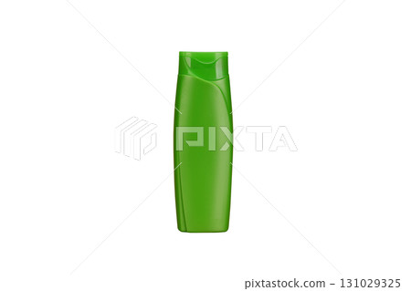 A green bottle of shampoo sits on a white background A green bottle of shampoo sits on a white background 131029325