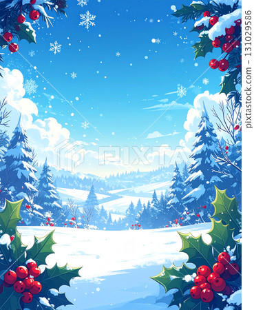 用冬青裝飾的聖誕框架，襯托出美妙的冬季景觀 131029586