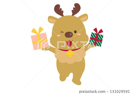 Illustration of a cute reindeer character holding a Christmas gift Illustration of a cute reindeer character holding a Christmas gift 131029591