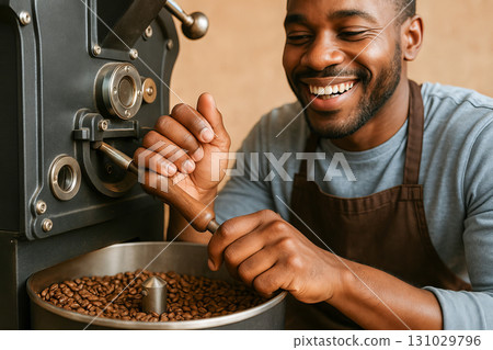 Smiling african american barista roasting fresh coffee beans in cafe setting. concept of coffee preparation, artisan roasting, passion for coffee. 131029796