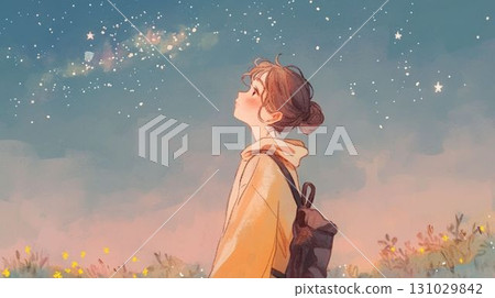 背著背包的女孩仰望夜空 131029842