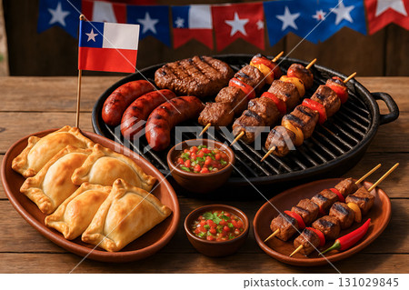Chilean independence day celebration with parrillada, empanadas, and colorful decorations. concept of traditional cuisine, festive atmosphere, national pride. 131029845