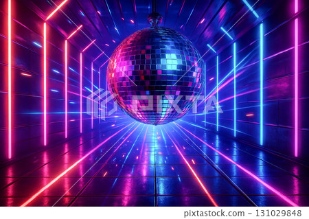 Futuristic neon disco scene with shimmering mirrorball and vibrant lights in modern club setting. concept of nightlife, party atmosphere, dance music. 131029848