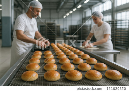 Bakery workers preparing freshly baked bread rolls in modern production facility. concept of industrial baking, fresh bakery goods, culinary preparation. 131029850