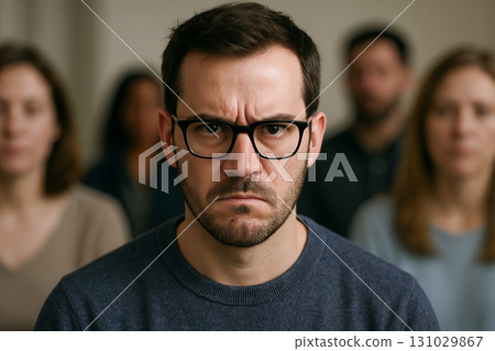 Focused displeasure of young man with glasses surrounded by blurred crowd. concept of intensity, emotional focus, group dynamics. 131029867