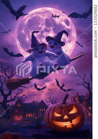 scary castle with pumpkins 131029882