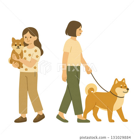 狗, Mameshiba, 柴犬, 女人, 生活方式, 散步, 剪貼, 插圖 131029884