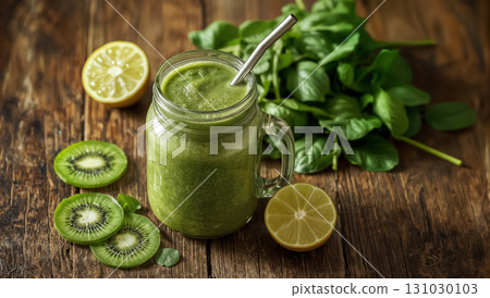 Green detox smoothie in mason jar with stainless straw, surrounded by fresh kiwi, lime and spinach on rustic wooden table. Healthy organic vegan drink rich in vitamins, antioxidants and natural energy Green detox smoothie in mason jar with stainless straw, surrounded by fresh kiwi, lime and spinach on rustic wooden table. Healthy organic vegan drink rich in vitamins, antioxidants and natural energy 131030103
