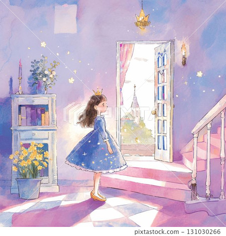 A princess in a blue dress gazing out of the castle 131030266