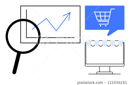 Magnifying glass analyzes an upward-trending growth chart. Shopping cart icon displayed on a blue speech bubble. Ideal for business analysis, e-commerce development, market research, online shopping 131030281
