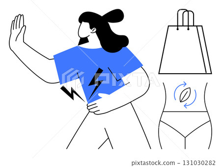 Person with hand up, holding stomach, experiencing pain, shopping bag, digestive symbol with arrows and leaf. Ideal for digestion, health, shopping pain medical discomfort wellness. Line metaphor 131030282