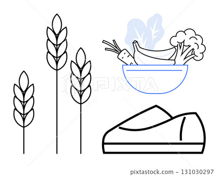 Wheat stalks, bowl with vegetables (carrots, greens), and loaf of bread symbolizing organic foods and healthy eating. Ideal for nutritional guides, farm marketing, eco-friendly campaigns, wellness 131030297
